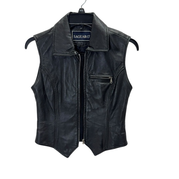 saguaro Jackets & Blazers - Saguaro.  Vintage .Black Leather Vest with Zipper Closure and Pointed Collar